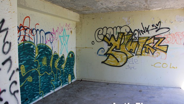 Yet another canvas for graffiti, in a guest room at the abandoned El Ponce hotel.