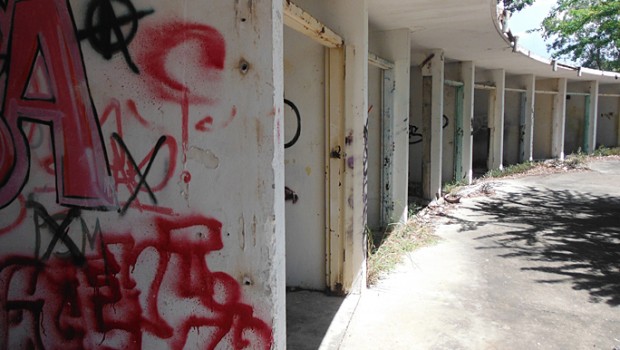 Pool cabanas now sit empty at the abandonded El Ponce InterContinental hotel.