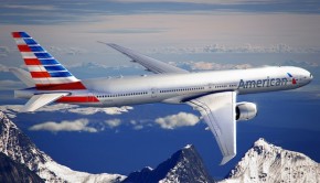 An American Airlines Boeing 777 with the airline's new livery and logo.