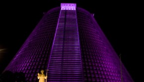 The Metropolitan Cathedral in Rio de Janeiro lights up dramatically at night.