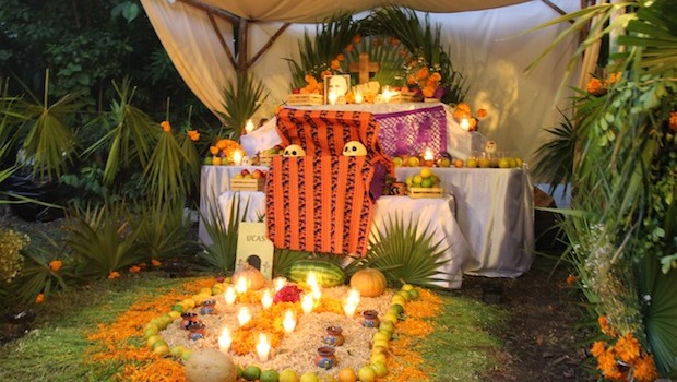 Flowers and candles are often used in Day of the Dead altars.