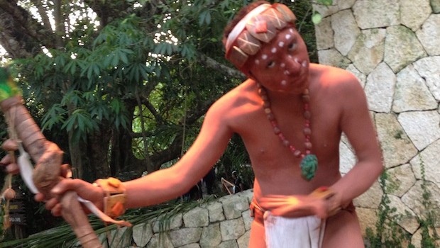 An artistic variation on traditional indigenous costumes, at Xcaret.