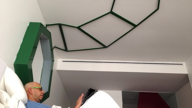 Angel makes use of free WiFi at Room Mate Valentina hotel, Mexico City.