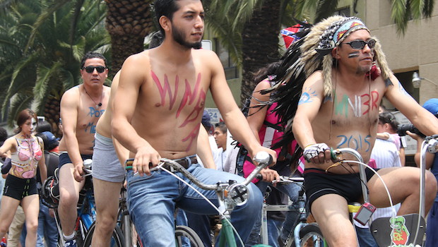 Cyclists in World Naked Bike Ride (WNBR) in Mexico City.