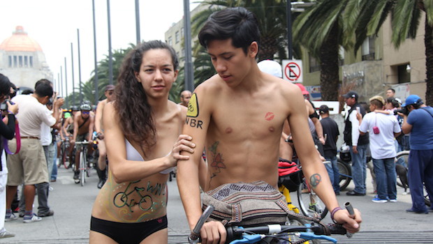 Cyclists in World Naked Bike Ride (WNBR) in Mexico City.