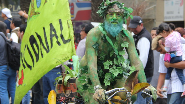 Colorful cyclist in World Naked Bike Ride (WNBR) in Mexico City.