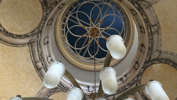 Ceiling and lobby lighting at Hotel Washington in Colon, Panama.