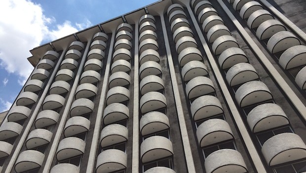 Retro futuristic architecture of Century hotel in Mexico City.