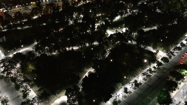 Night-time view of Alameda Park, from our suite at Hilton Mexico City Reforma.