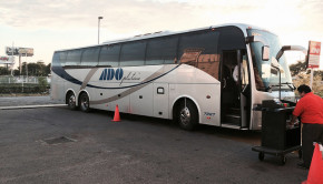 ADO Platino bus, ready for boarding in Merida, Mexico.