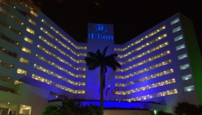 The dramatically lit Hilton Cartagena hotel in Colombia.