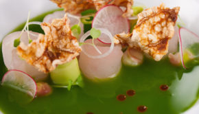 Green Ceviche Pozole at St. Regis Punta Mita Resort in Mexico.
