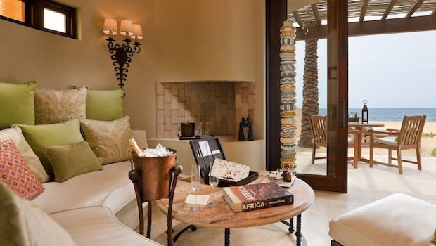 A Beach Casita living room at the Resort at Pedregal in Los Cabos, Mexico.